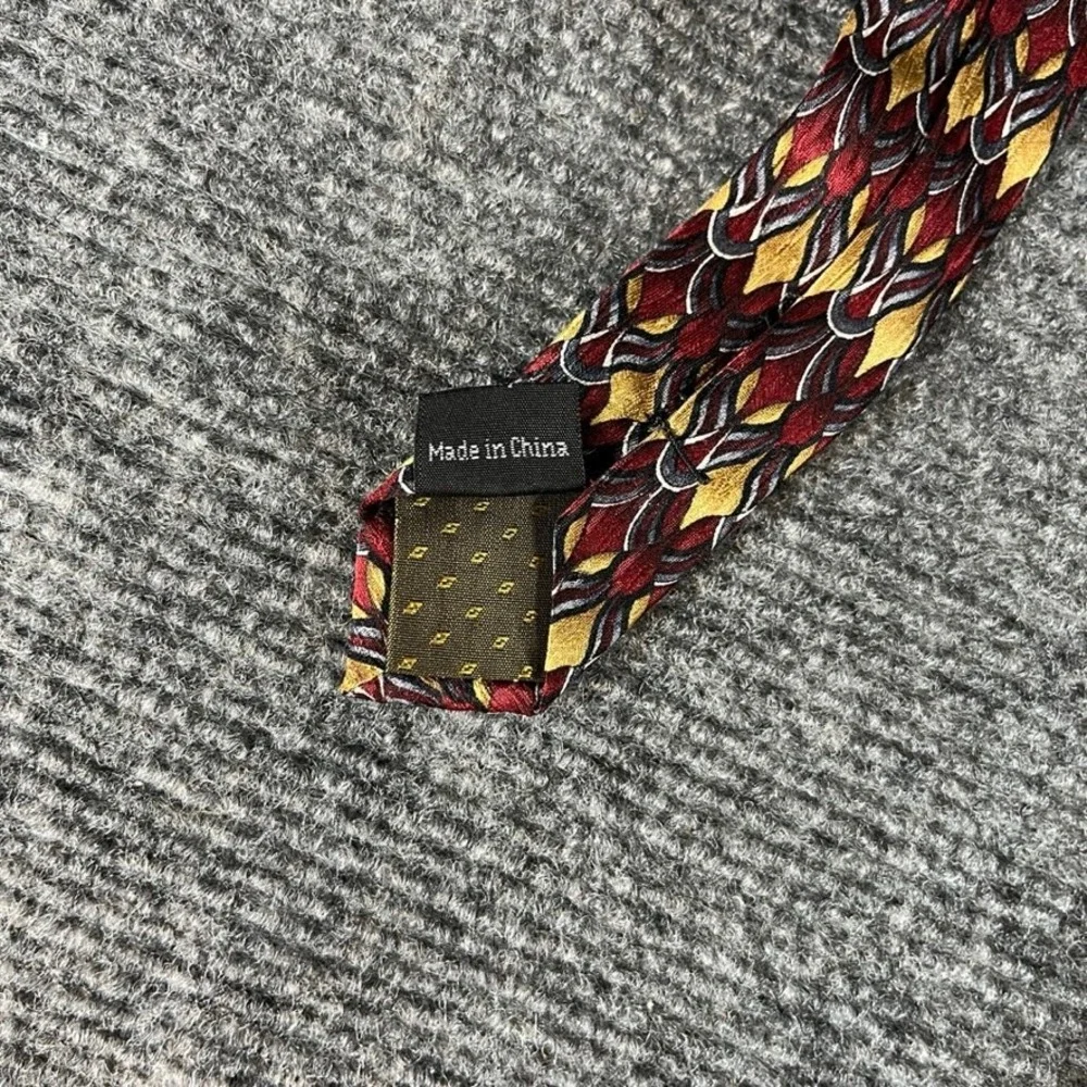 Stonehenge Mens Silk Tie Burgundy Gold Geometric Pattern Handmade Necktie